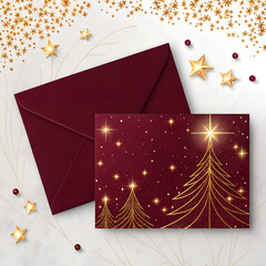 Luxury burgundy velvet texture with glowing golden sparkles, elegant holiday card design