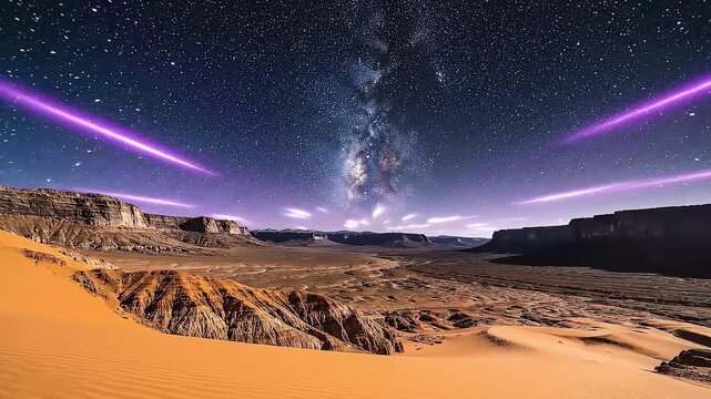 Co, smic Desert Under Galaxy Sky, A breathtaking surreal desert landscape under a cosmic galaxy night sky. The scene combines vast sandy canyons with glowing purple light beams rising toward the stars
