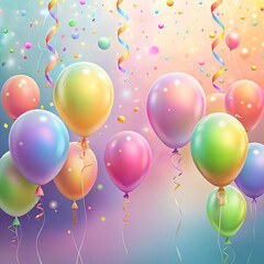 Soft pastel rainbow gradient with floating balloons and streamers, joyful birthday vibe.