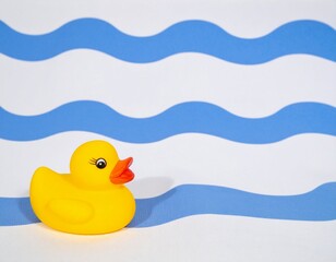 Yellow rubber duck floating on white and blue striped fabric surface. Playful still life concept, childhood toy, minimal creative scene