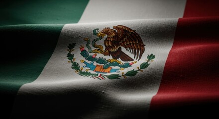 Closeup of the national flag of mexico featuring the coat of arms with an eagle devouring a snake.