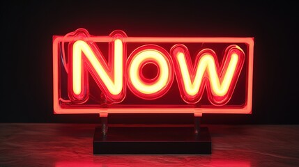 A vibrant neon sign illuminates the word NOW in bright red, casting a captivating glow against a dark backdrop. This visual evokes a sense of urgency, immediacy. Stock Image, HD Quality
