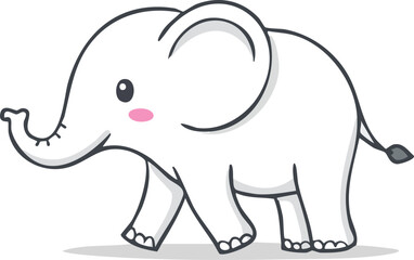 Fototapeta premium Cute baby elephant walking cartoon illustration, kawaii style vector with blush cheeks and big ears, adorable animal character for kids, nursery art, children book, sticker, toy, mascot, educational d