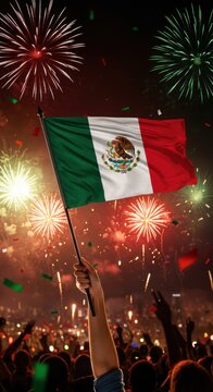Crowd celebrates with the flag of mexico amid a colorful fireworks display, confetti falling.