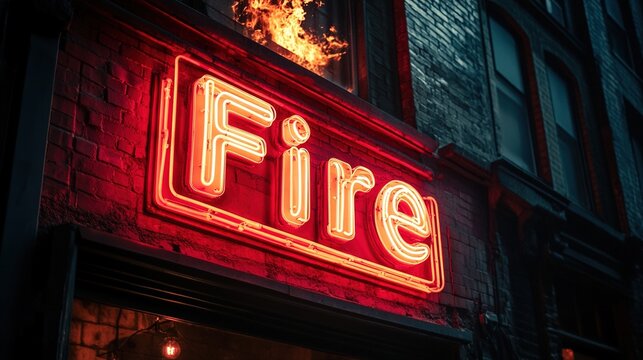 A fiery sign illuminating the night, with a building engulfed in flames. A powerful display of danger and the destructive force of fire. Stock Image, HD Quality