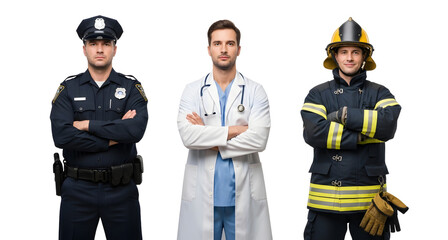 Essential workers policeman doctor firefighter hero professions on transparent background