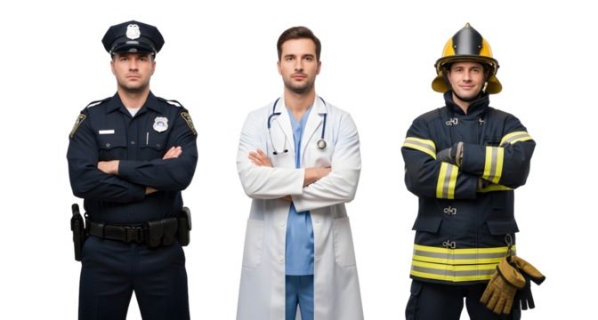 Essential workers policeman doctor firefighter hero professions on transparent background
