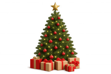 Christmas tree with festive ornaments and illuminated lights, surrounded by gifts, celebrating holidays on transparent background
