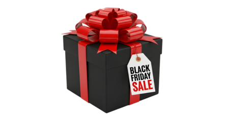 Black friday sale gift box with red bow for online shopping deals on transparent background