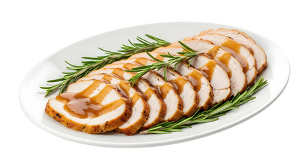Delicious sliced turkey breast with gravy and rosemary garnish on transparent background