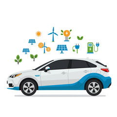 Naklejka premium Eco-friendly electric car promoting sustainable energy solutions for a greener future, featuring solar panels, wind turbines, and charging stations for clean transport