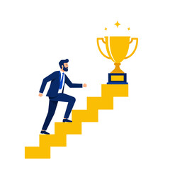 Ambitious businessman climbs stairs toward golden trophy, symbolizing success, achievement, and reaching goals with hard work and determination