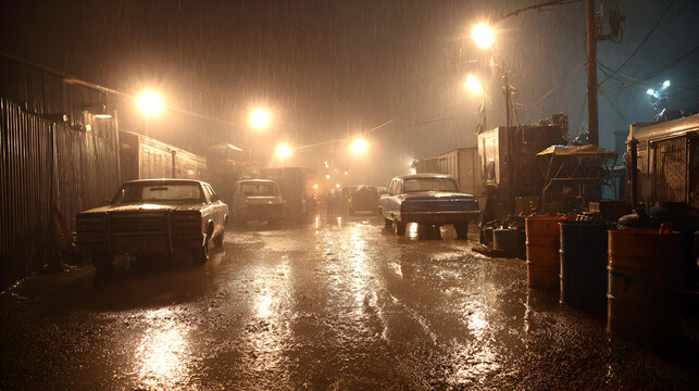 Fototapeta Rainy night street scene with vintage cars and glowing streetlights
