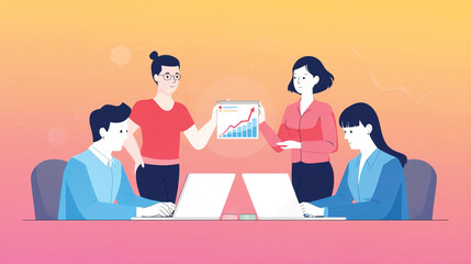 Vector art of business people collaborating around a table with laptops and charts
