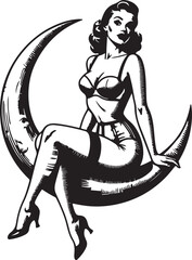Pin-up Woman Sitting on Crescent Moon Vector Art pin up