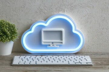 Creative technology concept of glowing cloud and keyboard representing digital connection and modern workspace symbolizing innovation in remote collaboration and cloud computing environments