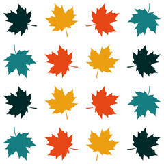 A seamless pattern of autumn maple leaves on a white background. Featuring colorful autumn leaves in orange, yellow, and turquoise hues.