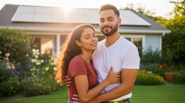 Loving Latin couple hugging in front of their home with solar panels