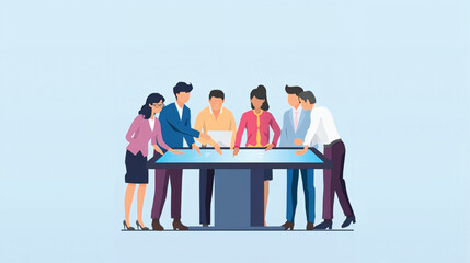 Vector art of diverse team collaborating around a modern interactive table