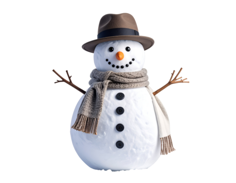 A cheerful snowman wearing a hat and scarf stands with outstretched arms in a winter wonderland setting.