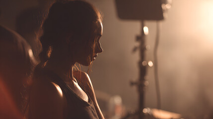 Young woman in dramatic spotlight with soft focus background