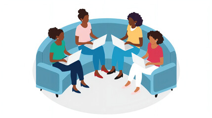 Vector art of diverse group of women collaborating on laptops in a modern office