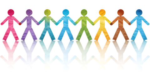 colorful paper cutout figures holding hands isolated on white background, png, ai generated