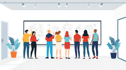 Vector art of team of colleagues working together in a modern office space