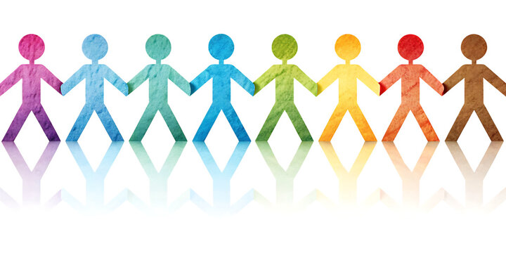 colorful paper cutout figures holding hands isolated on white background, png, ai generated