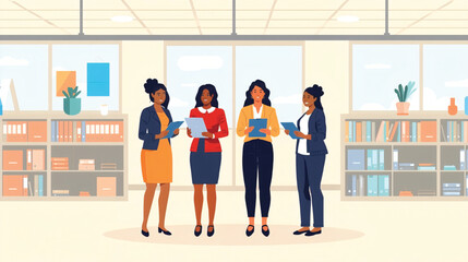 Vector art of four women in an office environment with bookshelves behind them