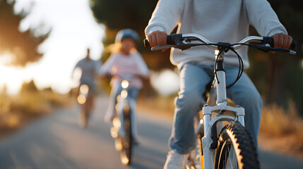 Fototapeta premium Man riding bicycle on road with family. Happy family outdoors activity. Summer recreation and healthy lifestyle concept.