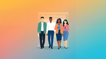 Vector art of four professionals walking towards the camera in a bright hallway