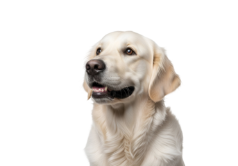 Close-up portrait of a light cream-colored golden retriever dog, its head and upper body in sharp focus against a pure black background, showcasing a soft, gentle expression and attentive gaze.