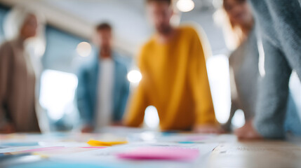 Four people brainstorm team together. Business strategy development with creative discussion. Coworkers collaborate in office workspace.