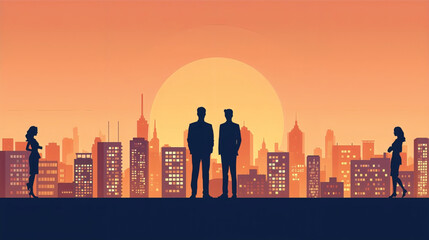 Vector art of business people silhouetted against a vibrant city skyline at sunset