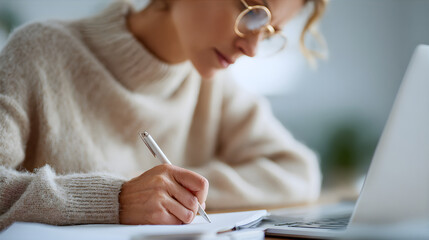 Woman writing note by laptop. Online distance learning and remote work. Creating content and business plan. Work from home concept.