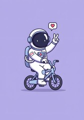 Obraz premium Cute Astronaut Riding Bicycle with Peace Sign and Heart Icon