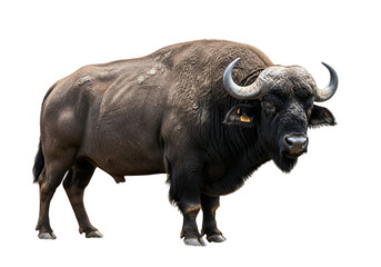 Obraz premium A full-bodied, powerful buffalo stands against a stark black background, showcasing its robust physique and formidable presence.