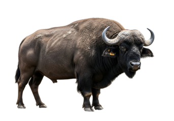 A full-bodied, powerful buffalo stands against a stark black background, showcasing its robust physique and formidable presence.