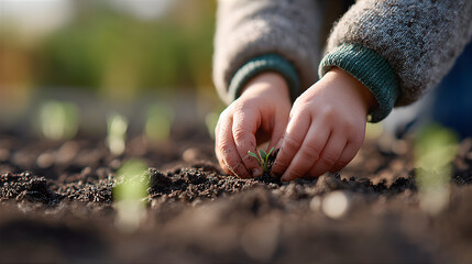 Child hands planting small green sprout in garden soil. Kid learning about nature and growing food. Earth day activity for children.