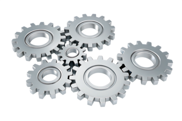 interlocking metal gears isolated on white background, png, ai generated