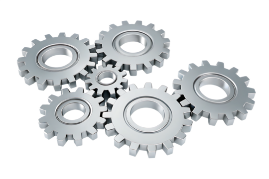 interlocking metal gears isolated on white background, png, ai generated