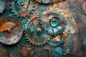 Fototapeta premium Intricate steampunk clockwork mechanism with rusty gears and aged patina