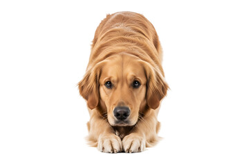 A golden retriever lies in a  shot against a stark black background, showcasing a calm and attentive expression.