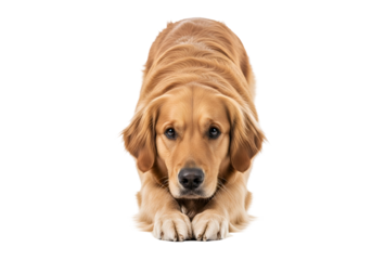 A golden retriever lies in a  shot against a stark black background, showcasing a calm and attentive expression.