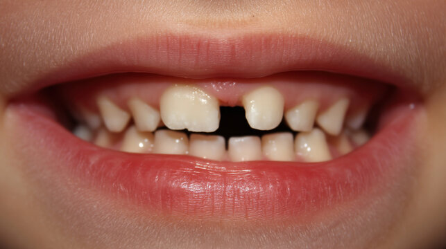 Close up of child mouth displaying smile with baby teeth, including noticeable gap between front teeth. image captures innocence and charm of childhood, highlighting natural development of teeth
