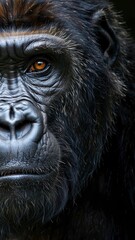 Fototapeta premium high-contrast close-up of a gorilla's face. The gorilla's skin is textured with deep wrinkles and a coarse, dark fur. striking intense look 