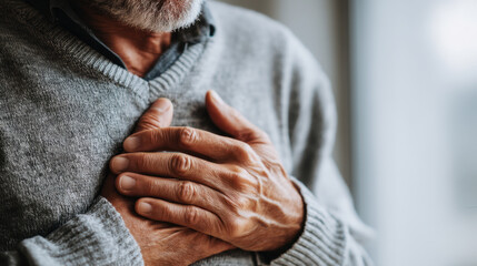 Senior man experiences discomfort, holding his chest with both hands, wearing cozy gray sweater. scene conveys sense of concern and vulnerability in softly lit environment