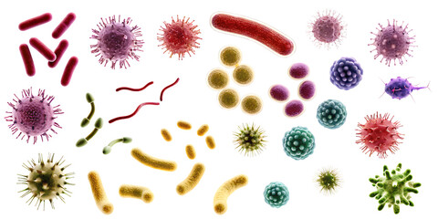 set of different bacteria microbes and viruses isolated on white background, png, ai generated