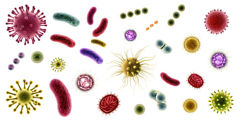 set of different bacteria microbes and viruses isolated on white background, png, ai generated